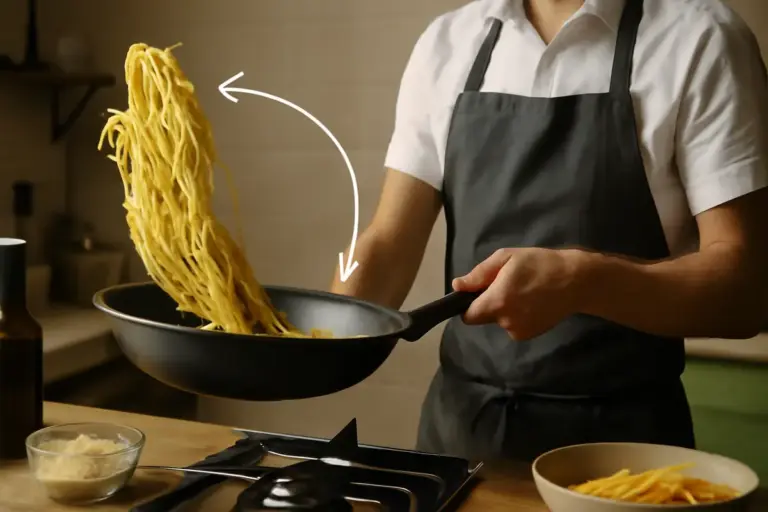 Tecnica per mantecare la pasta in padella: il movimento che fa davvero la differenza